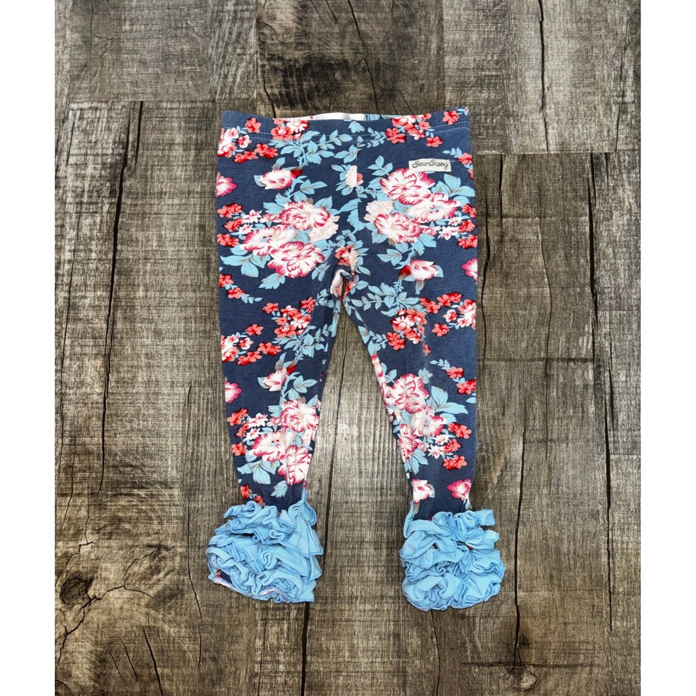 Sew Sassy Girls Floral Ruffle Leggings Navy Blue Pink Cotton Boutique Size 2